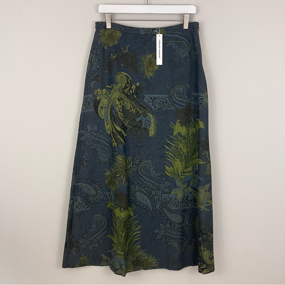 Richard Malcolm Linen Paisley Floral Print Midi Skirt